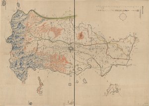 Montagnes, rivières, villes, villages, marchés, temples et routes dans le comté d