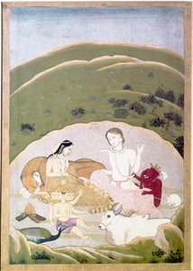 Siva et Parvati avec leurs enfants, Ganesh et Karttikgya sur le mont Kailash, vers 1745