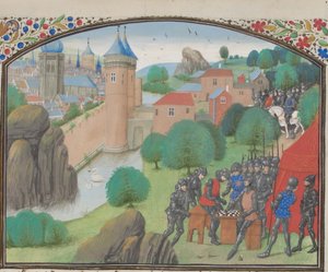 Soldats jouant aux dés devant la ville de Césarée. Miniature de l