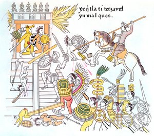 Conquistadors espagnols avec leurs alliés natifs Tlazcalans attaquant un temple aztèque, XVIe siècle - Unbekannt