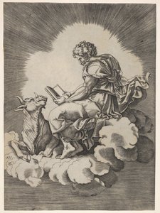 Saint Luc, assis sur un nuage avec un livre ouvert dans les mains, un taureau couché à ses pieds - Unbekannt