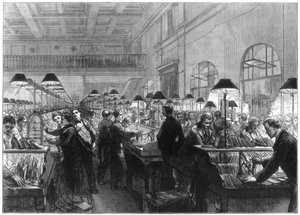 Bureau de tri et de timbrage, Poste générale, Londres, 1875