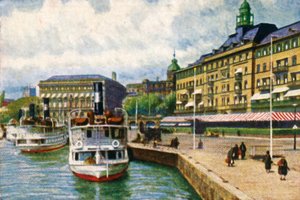 Bateau à vapeur au quai près du Grand Hôtel, Stockholm, vers 1928