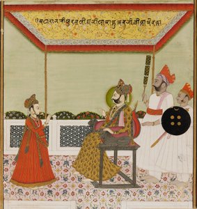 Surat Singh assis sur un trône armé de lions et recevant son jeune fils, vers 1800 - Unbekannt