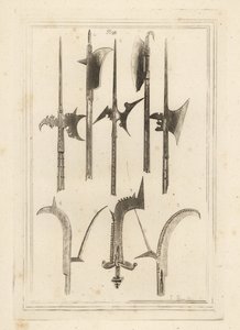 Lame de hallebarde 1,3,5, billot brun 2, hache de Lochaber 4, billot ancien 6, billot à main avec petites cloches 7, et billot trouvé à Battefield, Shrewsbury 8