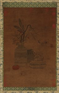 Tapisserie : un bol, deux pots, des fleurs et des fruits