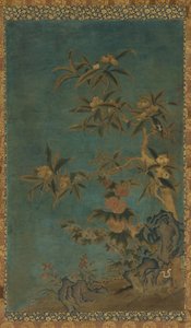 Tapisserie : arbres fruitiers et roses trémières, dynastie Ming - Unbekannt