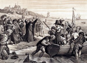 Les Pères pèlerins quittant Delft Haven pour leur voyage en Amérique, juillet 1620, 1878