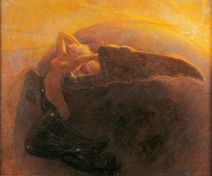 Le soleil doré réveille la lune représentée comme une femme ailée - Unbekannt