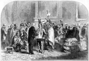 Le président des États-Unis incitant les tribus hostiles à se serrer la main, 1858