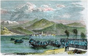 La guerre, les Autrichiens traversant le lac Majeur, Italie, vers 1875 - Unbekannt