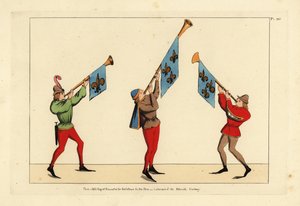 Trois hérauts avec des trompettes ornées de standards fleur-de-lis