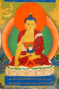 Bouddhisme tibétain; fresque colorée représentant le Bouddha en méditation; Bhumisparsha Mudra; Bhumisparshamudra invoquant la terre mère; Palais du Panchen Lama; Monastère de Tashilhunpo; Shigatse; Himalayas; Région autonome du Tibet; République populaire - Unbekannt