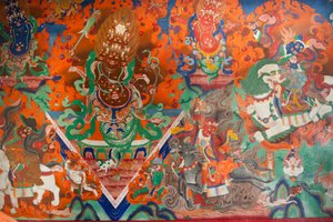 Bouddhisme tibétain ; ancienne peinture murale dans la salle d