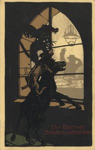 Conception de la couverture du livre Les musiciens de Brême par les frères Grimm, années 1910 - Unbekannt