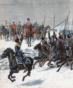Tsar Nicolas II passant en revue les cosaques, guerre russo-japonaise, 1904-1905