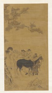 Deux hommes et deux chevaux sous un pin, dynastie Qing, 18e siècle