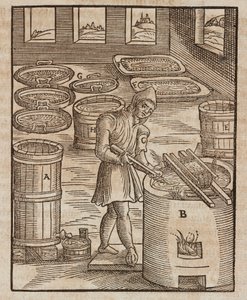 Un homme teste le salpêtre, utilisé dans la poudre à canon et la conservation de la viande - Gravure extraite de Description des minerais et des principales méthodes d