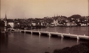 Pont sans titre avec ville au loin, 19e siècle - Unbekannt