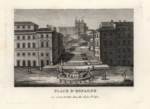 Vue de la Piazza di Spagna, Fontaine de la Barcaccia et Escalier de la Trinité-des-Monts, Rome
