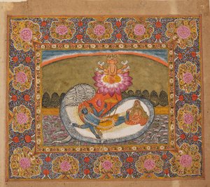 Vishnu et Lakshmi sur le serpent Shesha, avec Brahma sur le lotus, probablement fin du 19ème siècle