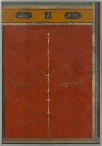 Peinture murale sur fond rouge : candélabre avec frise, de la villa impériale..., 1er siècle av. J.-C.