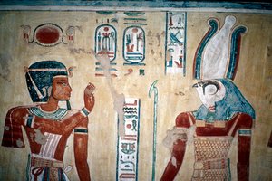 Peinture murale de Ramsès III devant Horus, Vallée des Reines, Louxor, Égypte, c. 12ème siècle av. J.-C.