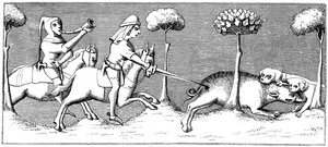 Chasse au sanglier avec des chiens, 14ème siècle