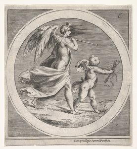 Figure féminine ailée, drapée et portant un bâton, marchant derrière un putto ailé..., vers 1550-1600 - Unbekannt