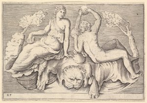 Femme et homme assis sur une peau de lion, homme versant du vin, publié vers 1599-1622