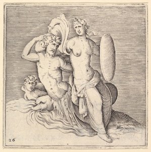 Femme avec un bouclier assise sur un monstre marin - Unbekannt