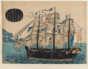Gravure sur bois - Bateau à voile néerlandais, avec drapeau de la VOC - Unbekannt