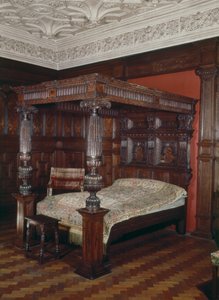 Lit à baldaquin, chêne sculpté, 16e-17e siècle
