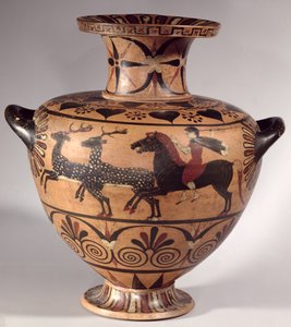 Hydrie, scène de chasse, grec archaïque, période étrusco-ionienne à figures noires, vers 540-530 av. J.-C. (poterie)