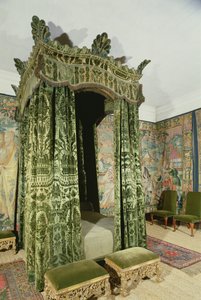Intérieur de Hardwick Hall, Derbyshire, montrant la Chambre Verte avec des meubles et tentures d
