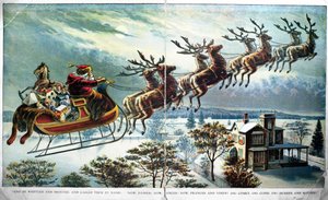 Première sortie du Père Noël avec traîneau et rennes, illustration pour Une visite de Saint-Nicolas, par Clement Clarke Moore (1779-1863) 1890s