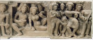 Sculpture en pierre de couples appréciant une performance de danse, du Temple Dasavatara, Deogarh, MP, 5e siècle