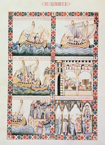 Voyage à Acre, illustrations de Cantiga 172, une des 420 compositions musicales racontant les miracles de la Vierge, écrites en galicien pour Alphonse X 
