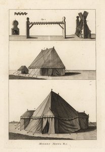 Tentes militaires du 18ème siècle : cheval ou support pour les fusils 1,2,3, mousquets sur le support 4, tentes de laboratoire appartenant à l