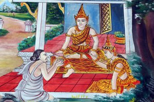 Temple bouddhiste Wat Inpeng. Les Jataka Tales sont des récits sur les vies antérieures du Bouddha (c