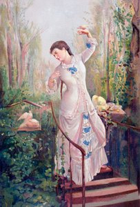 Une femme du XIXe siècle dans un jardin avec des tourterelles, d