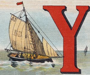 Un Yacht. Gravure dans "Alphabet de ma petite fille". Bernardin-Bechet et Fils, libraires-éditeurs, Paris, vers 1895. Album indéchirable sur toile. Bibliothèque des Bébés.