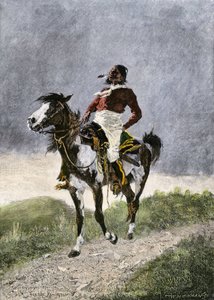 Un brave Comanche, voyageant à cheval dans les prairies du sud (Texas, Oklahoma, USA), vers 1800. Lithographie - Unbekannter Künstler