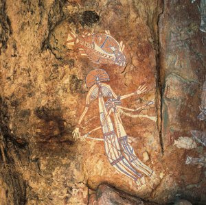 Art rupestre aborigène de femme mythique et enfant à Njambolmi près de Nourlangie, Terre d