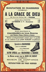 Publicité pour la Manufacture de chaussures "À la grâce de dieu" à Tours. Gravure dans "ABC Les Images en Alphabet". Imagerie d