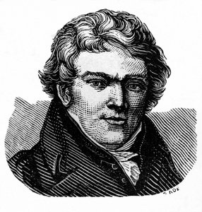 Aloys Senefelder (1771-1834), acteur et dramaturge allemand, inventeur de la lithographie et imprimeur. Illustration / gravure sur bois de : "Le monde en illustrations", publié par l