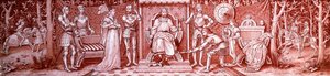 Un triptyque en verre Arts & Crafts, peint avec des chevaliers médiévaux à la cour de Charlemagne, c.1860-1910 - Unbekannt