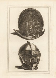 Ancien casque morion vénitien orné de trophées militaires, et un casque bourguignon avec visière et mentonnière unifiées de la Tour de Londres - Unbekannt