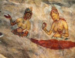 Apsaras, nymphes célestes offrant des fleurs, fresque, citadelle fortifiée de Sigiriya (Liste du patrimoine mondial de l