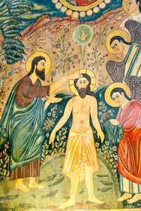 Église apostolique arménienne; fresque; Baptême de Jésus-Christ par Jean-Baptiste dans le Jourdain; Église de Bethléem ou Église de Bedkhem; district de Julfa ou Jolfa; Ispahan; Iran; Asie
